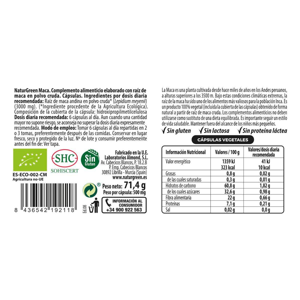 Maca cápsulas Bio EXPERIENCE Naturgreen 120 cápsulas