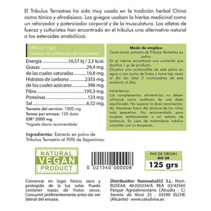 Tribulus terrestris 90% saponinas en polvo Salud Viva 125g