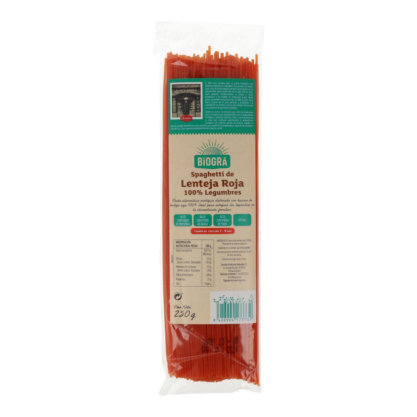 Espagueti de Lenteja Roja Biogra BIO 250 g