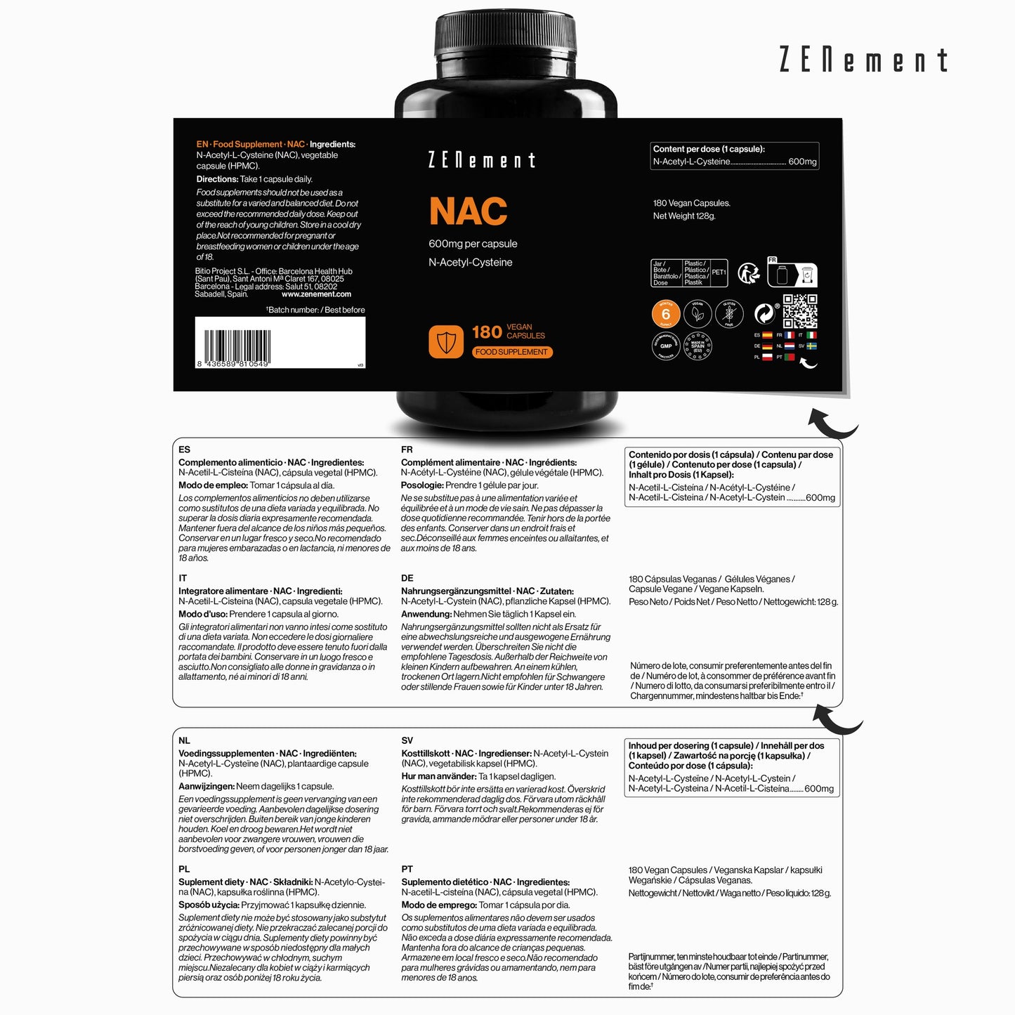 NAC N-Acetil-Cisteína, 600 mg Zenement, 180 comprimidos veganos  NAC 600 mg