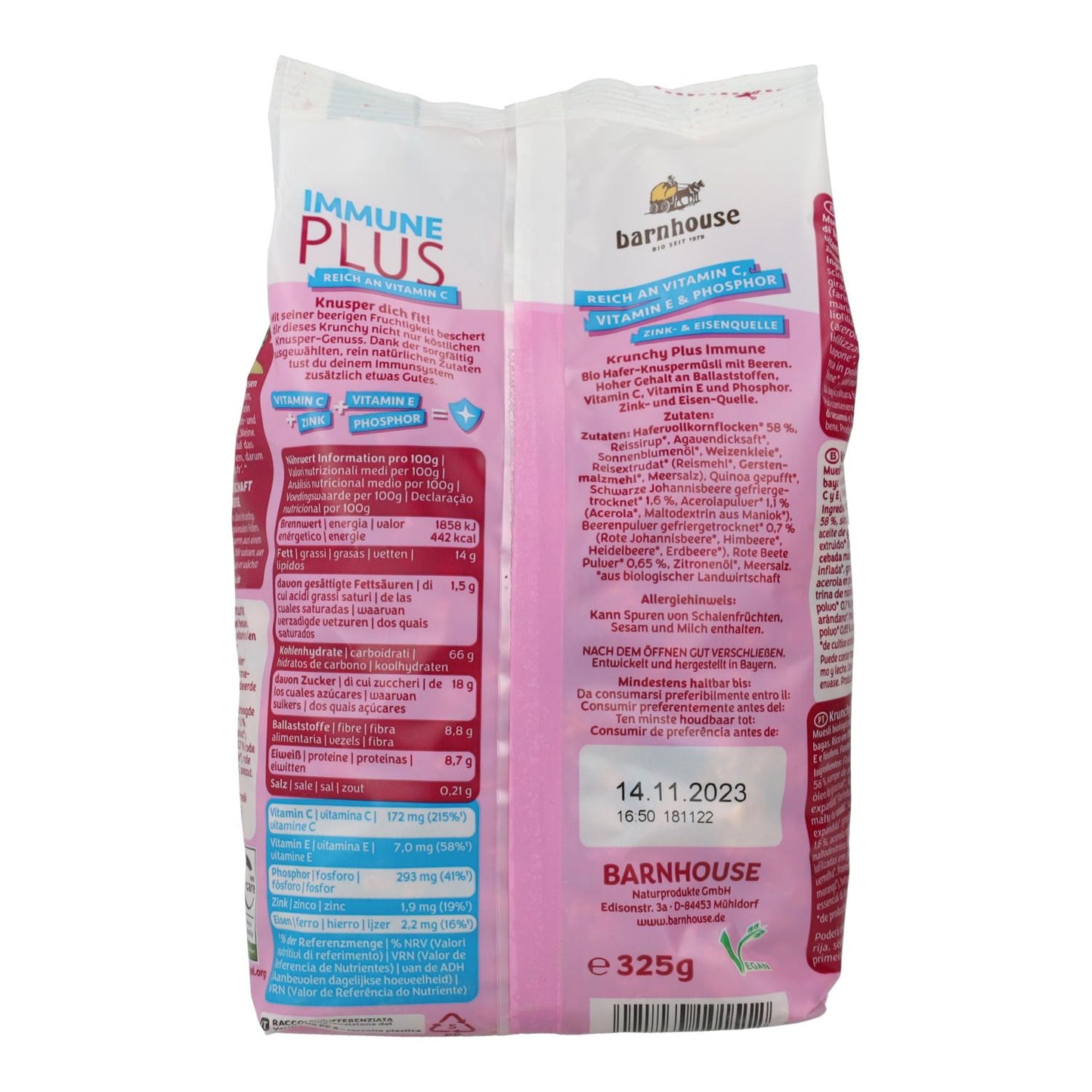 Muesli Krunchy Inmune Plus de Grosella y Acerola BIO Barnhouse 325 gr