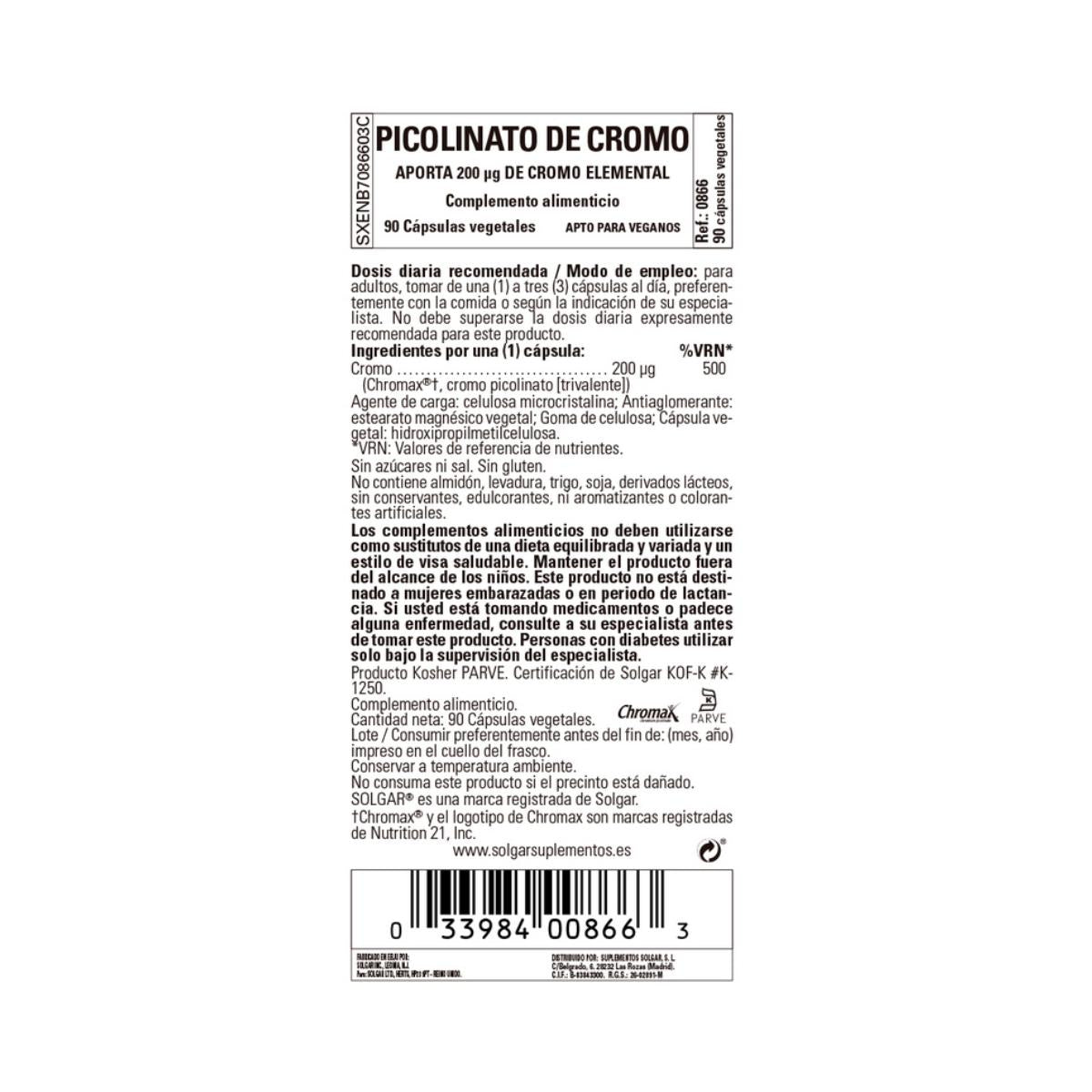 Picolinato de cromo 90 cápsulas vegetales 200mg Solgar