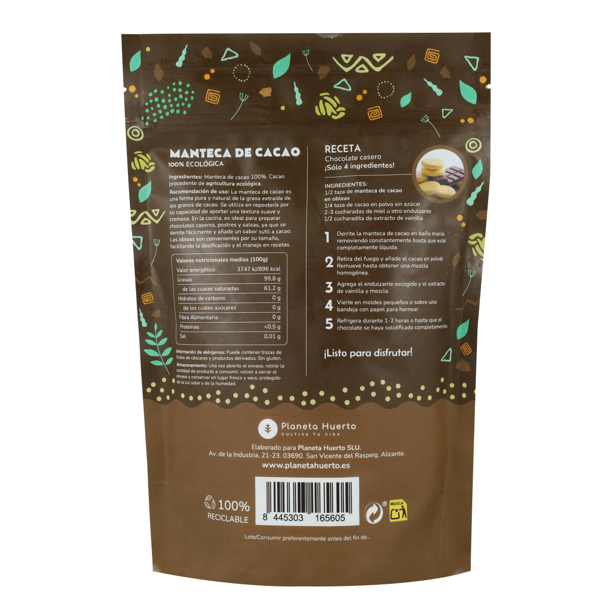 Manteca de cacao pura en trozos ECO Planeta Huerto 250 g