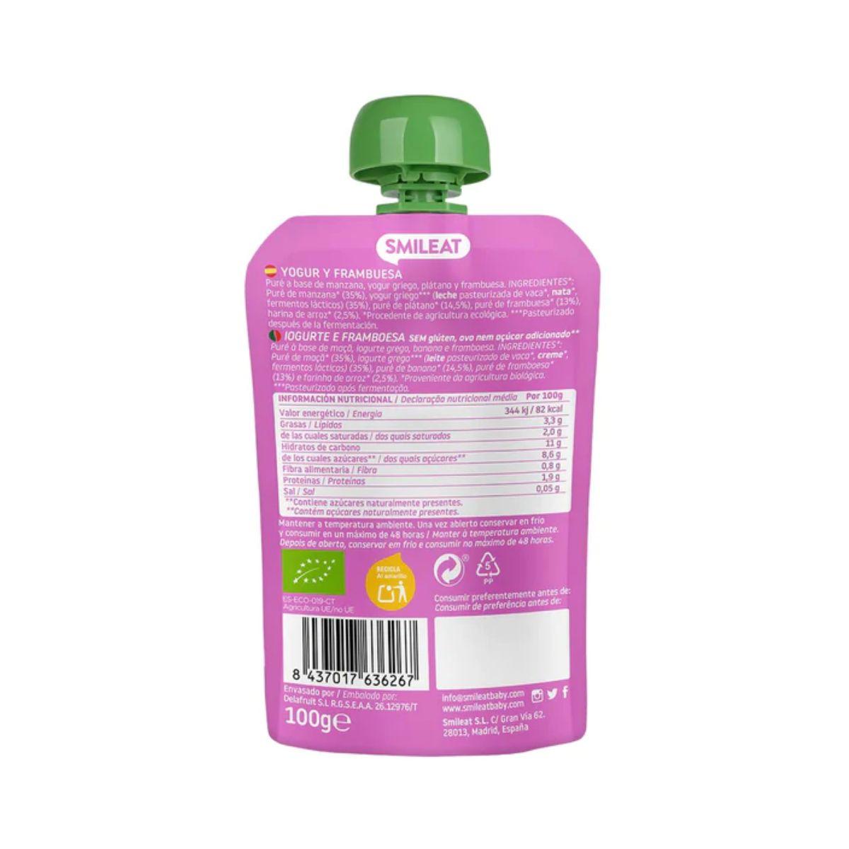 Pack 10 uds Pouches Yogur y Frambuesa ECO Smileat 100 g