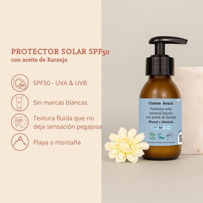 Protector solar mineral líquido SPF50 con aceite de karanja Vainilla Comme Avant 105 ml