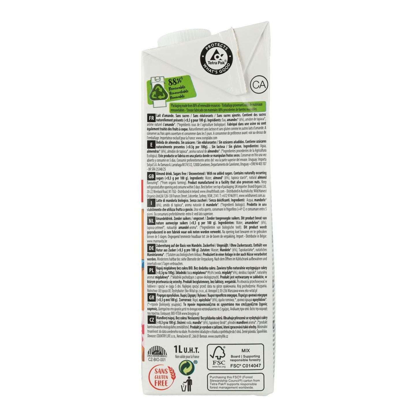 Bebida Vegetal de Almendra Natural sin azúcar BIO Ecomil 1 L