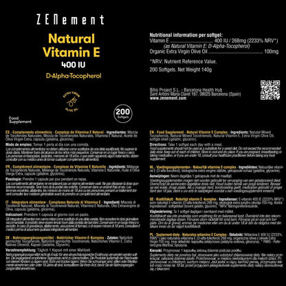 Vitamina E Natural - 400 UI, (D-Alfa-Tocoferol) Zenement, 200 comprimidos