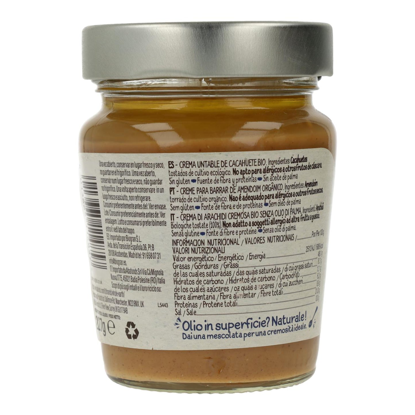Crema de Cacahuete Suave Bio, 227g. Whole Earth