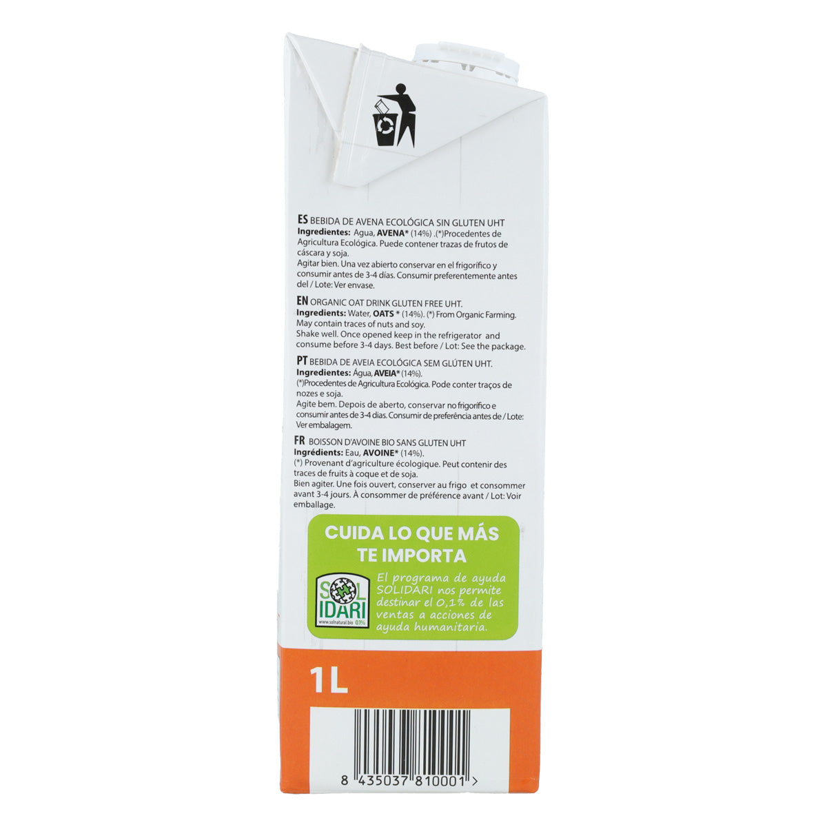 Pack 6x Bebida de Avena Sin Gluten Bio Sol Natural 1 L