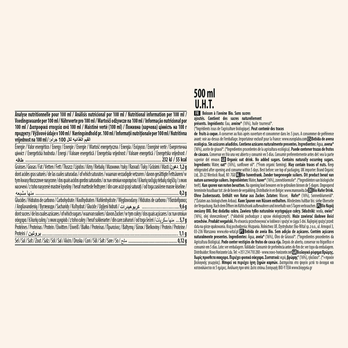 Bebida Vegetal de Avena Sin Azúcar Bio ECOMIL 500 ml