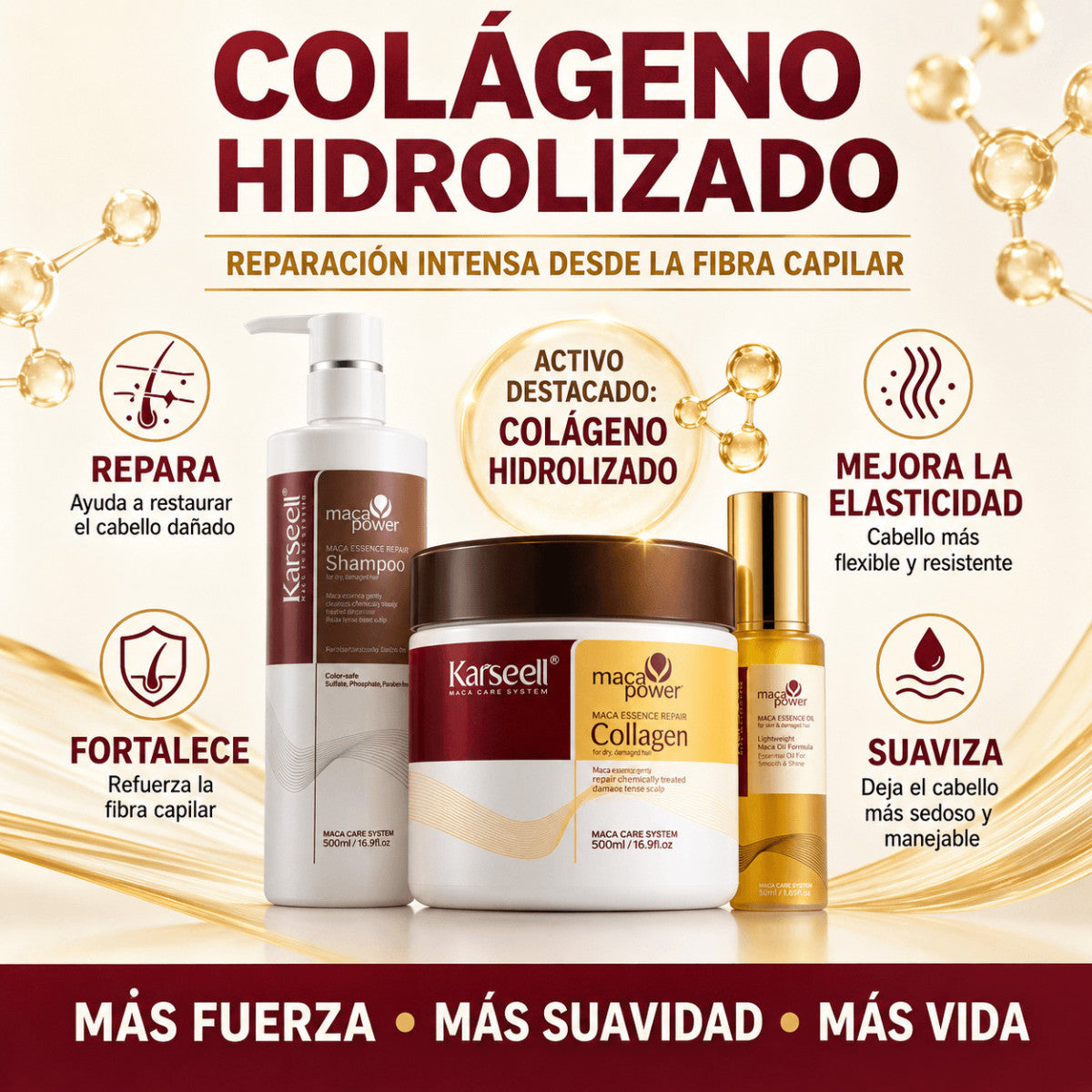 Set Mascarilla Colágeno + Aceite + Champú Maca Karseell 500ml + 50ml + 500ml