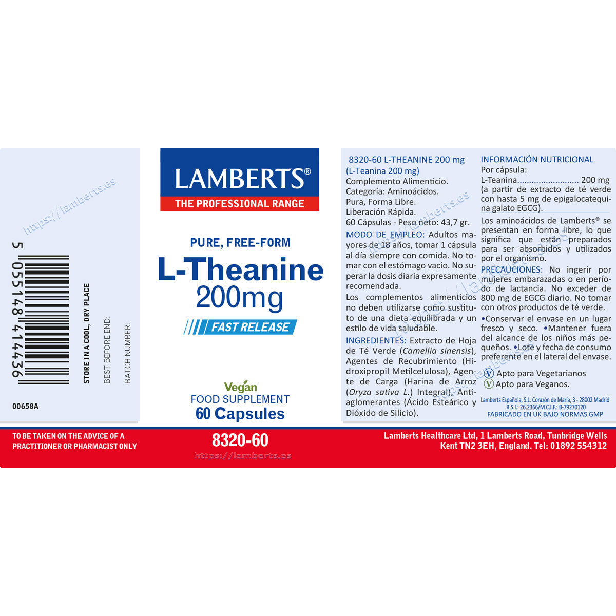 L-Teanina 200 mg, Lamberts, 60 cápsulas