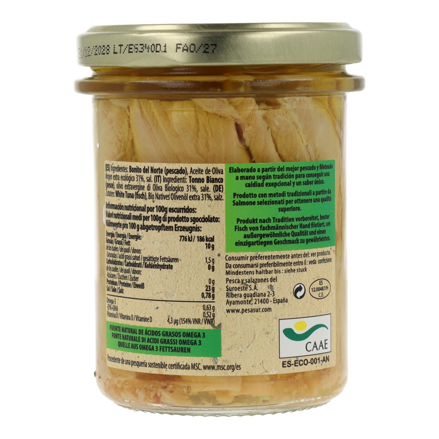 Bonito del norte en tarro de cristal Pesasur, 195 g