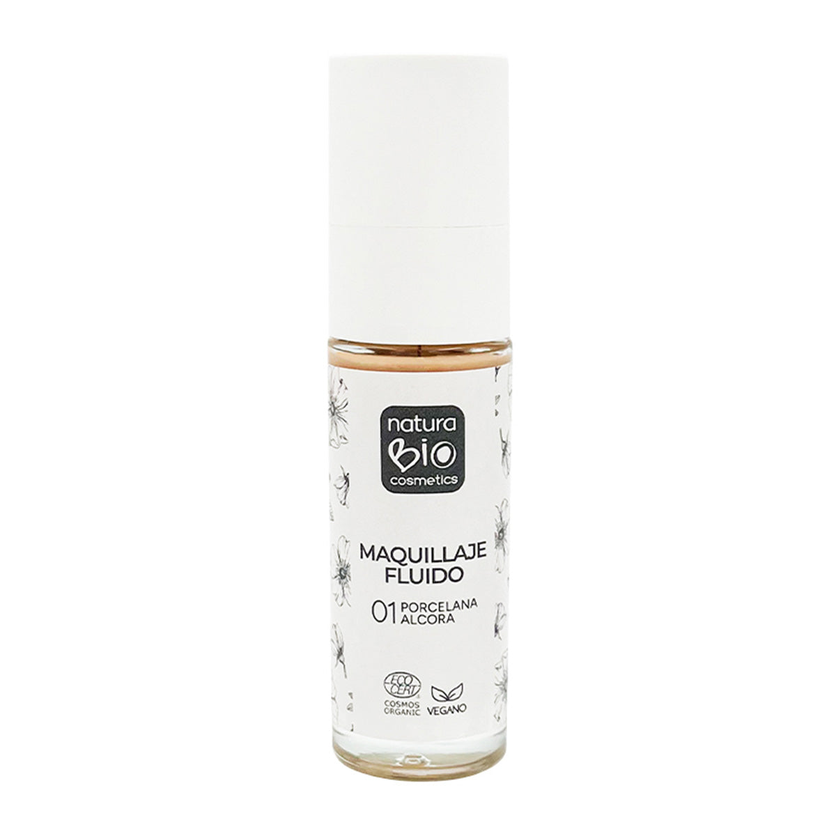 Maquillaje Fluido 01 Porcelana Alcora, Acabado Impecable, Con Rosa Mosqueta y Manteca de Karité,  NaturaBio Cosmetics, 30ml