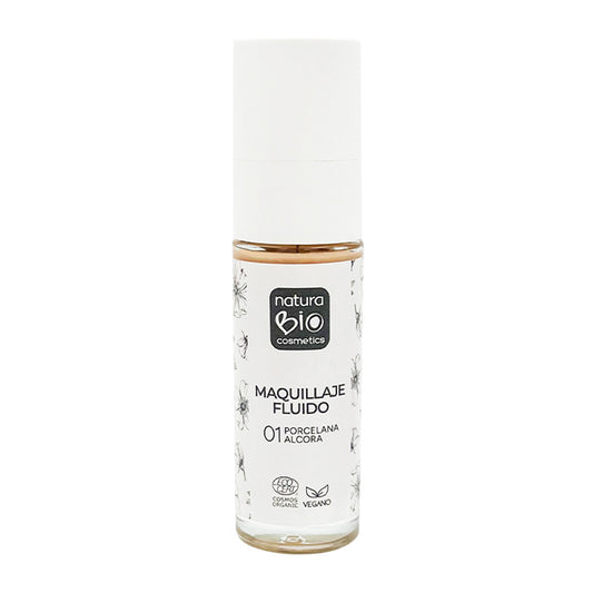 Maquillaje Fluido 01 Porcelana Alcora, Acabado Impecable, Con Rosa Mosqueta y Manteca de Karité,  NaturaBio Cosmetics, 30ml