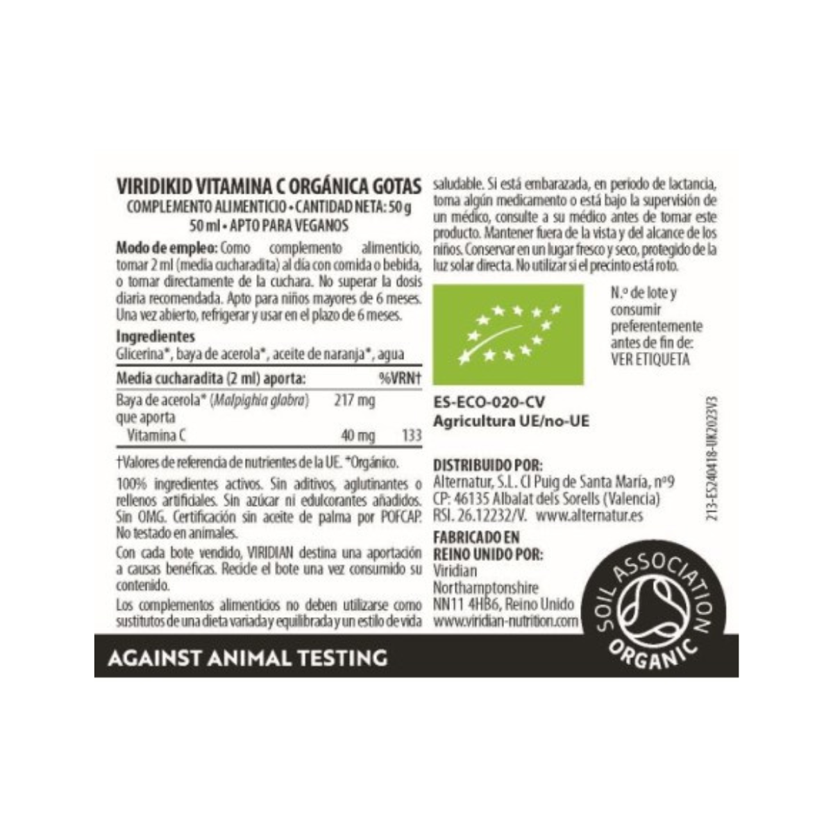 Viridikid vitamina C orgánica gotas Viridian 50 ml