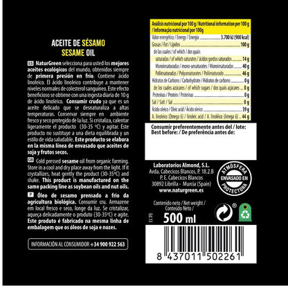 Aceite de Sésamo BIO  NaturGreen. 500 ml