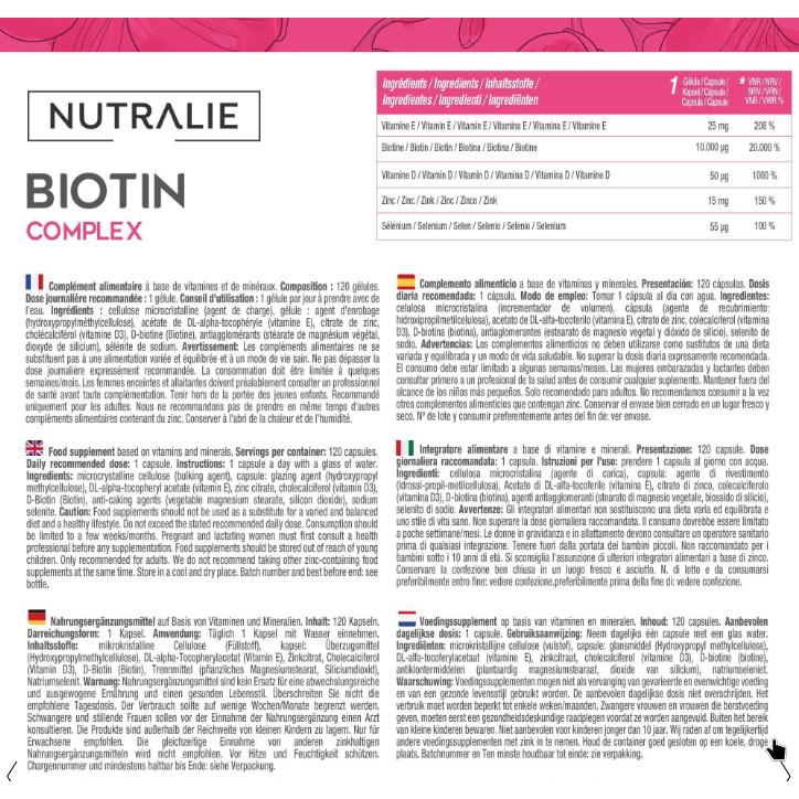 Pack 2x Nutralie Biotina complex 10000 mcg pelo, piel, uñas, 120 cápsulas