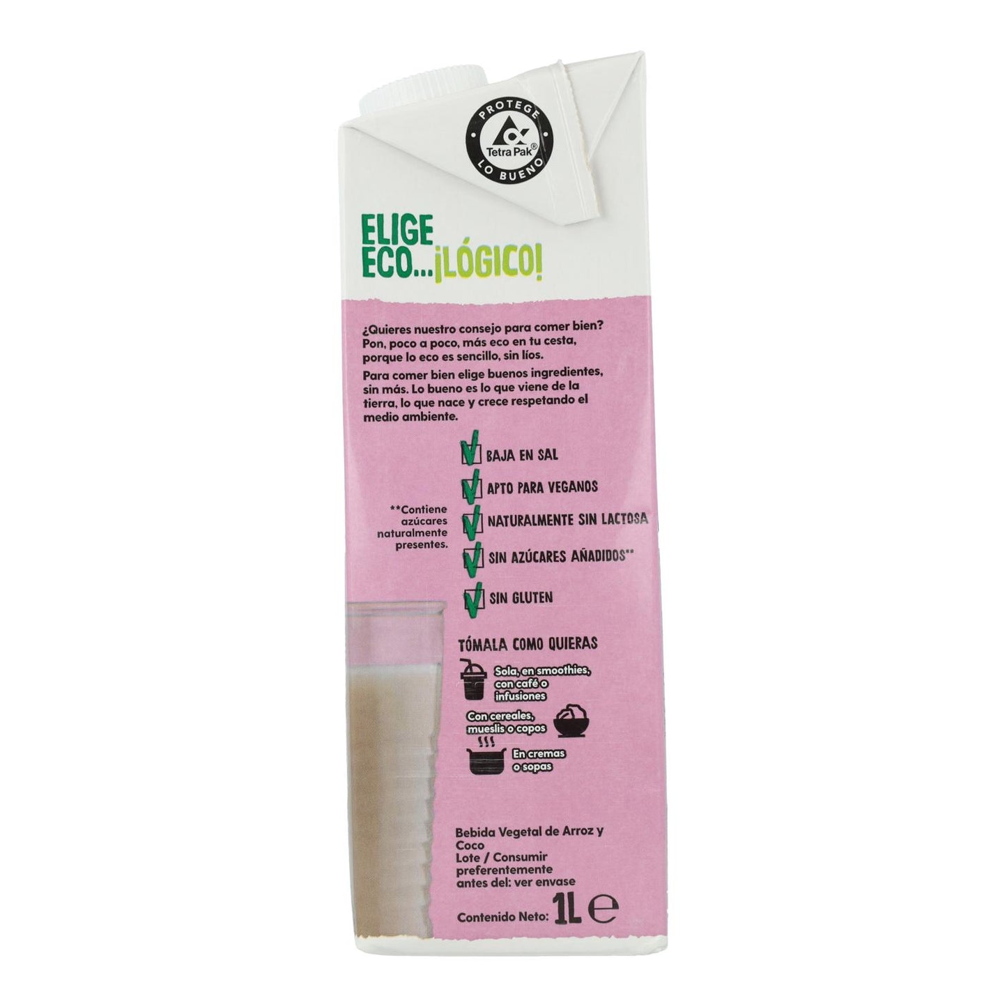 Pack 6x Bebida Vegetal De Arroz y Coco Bio sin azúcar añadido, Ecocesta, 1L