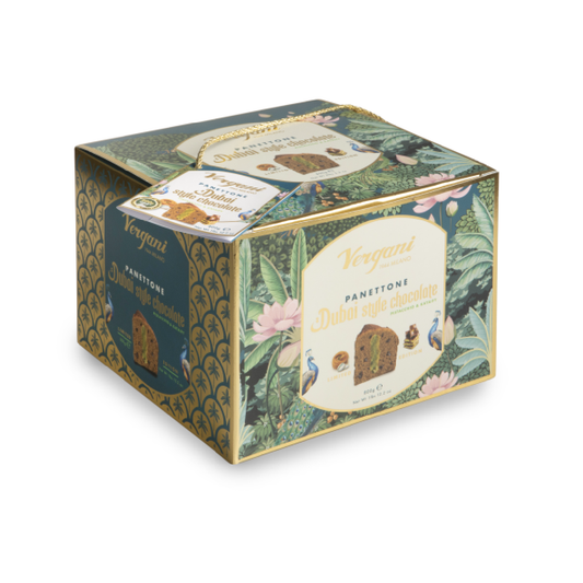 Panettone estilo Dubai con Pepitas de Chocolate y Pistacho Vergani 850 g