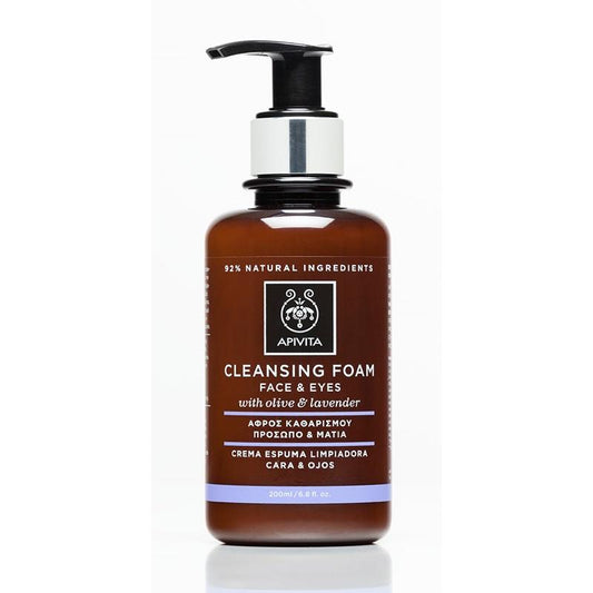 Crema espuma limpiadora cara y ojos con oliva y lavanda Apivita 200 ml