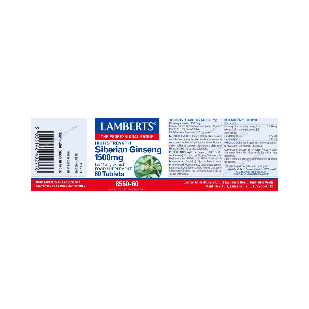 Ginseng Siberiano 1.500 mg Lamberts, 60 tabletas