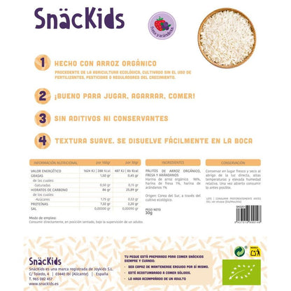Snack ecológico para bebé + 8 meses Palitos Arróz, Fresa y Arándanos