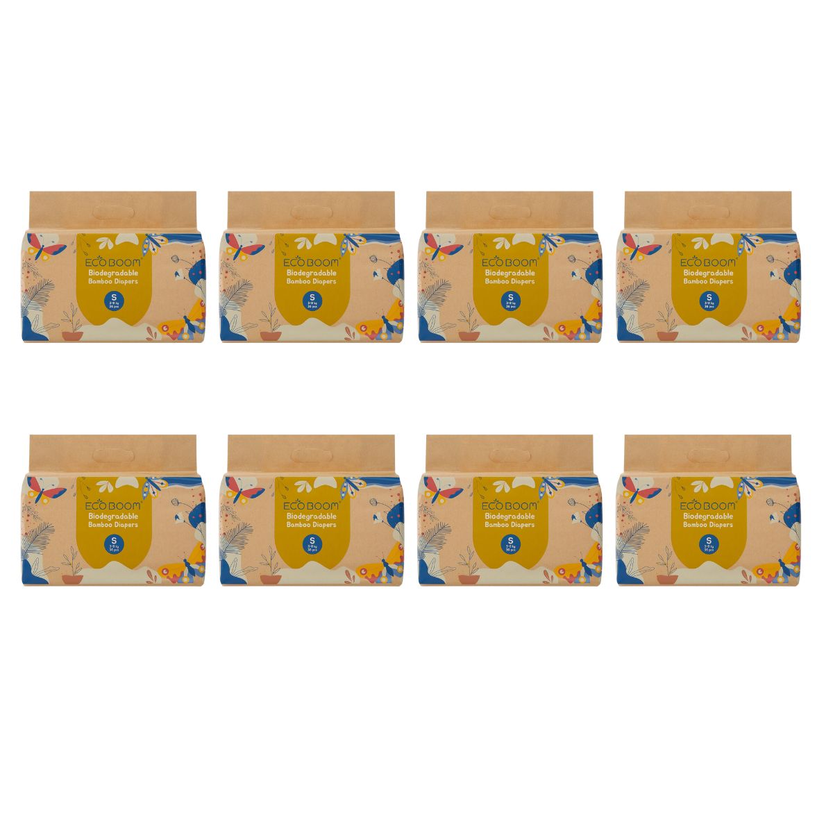 ECOBOOM - Pañal Ecológico de BAMBÚ Eco Boom. 70% Biodegradable, Hipoalergénico (TALLA 2/S, 3-8 KG, PACK 8 BOLSAS, TOTAL 288 PAÑALES)