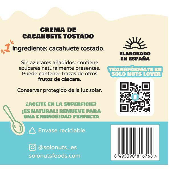 Crema suave de cacahuete 100%  Solonuts 280g