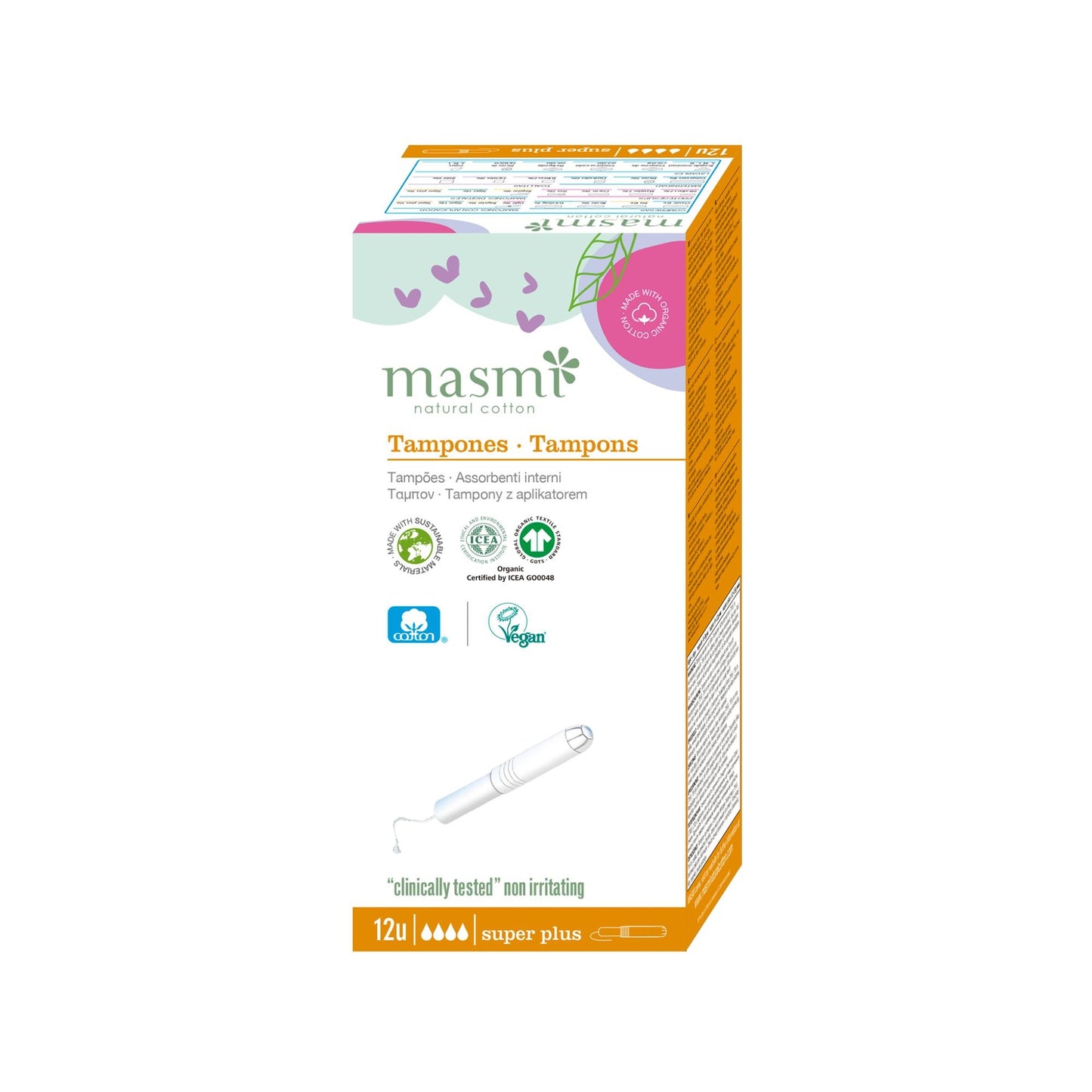 Tampón super plus con aplicador algodón ECO Masmi, 12 unidades