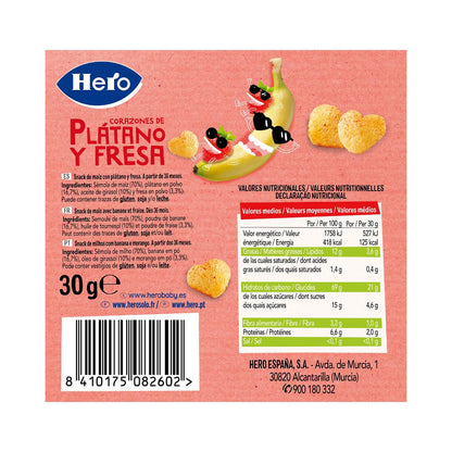 Pack 7x Snacks de Plátano y Fresa en forma de corazones 30 g. Hero-Kids