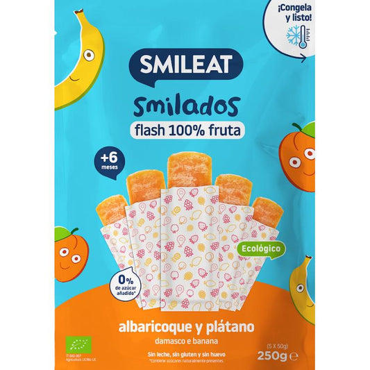 SMILADO albaricoque y plátano ecológico, helado flash infantil 100% fruta SMILEAT