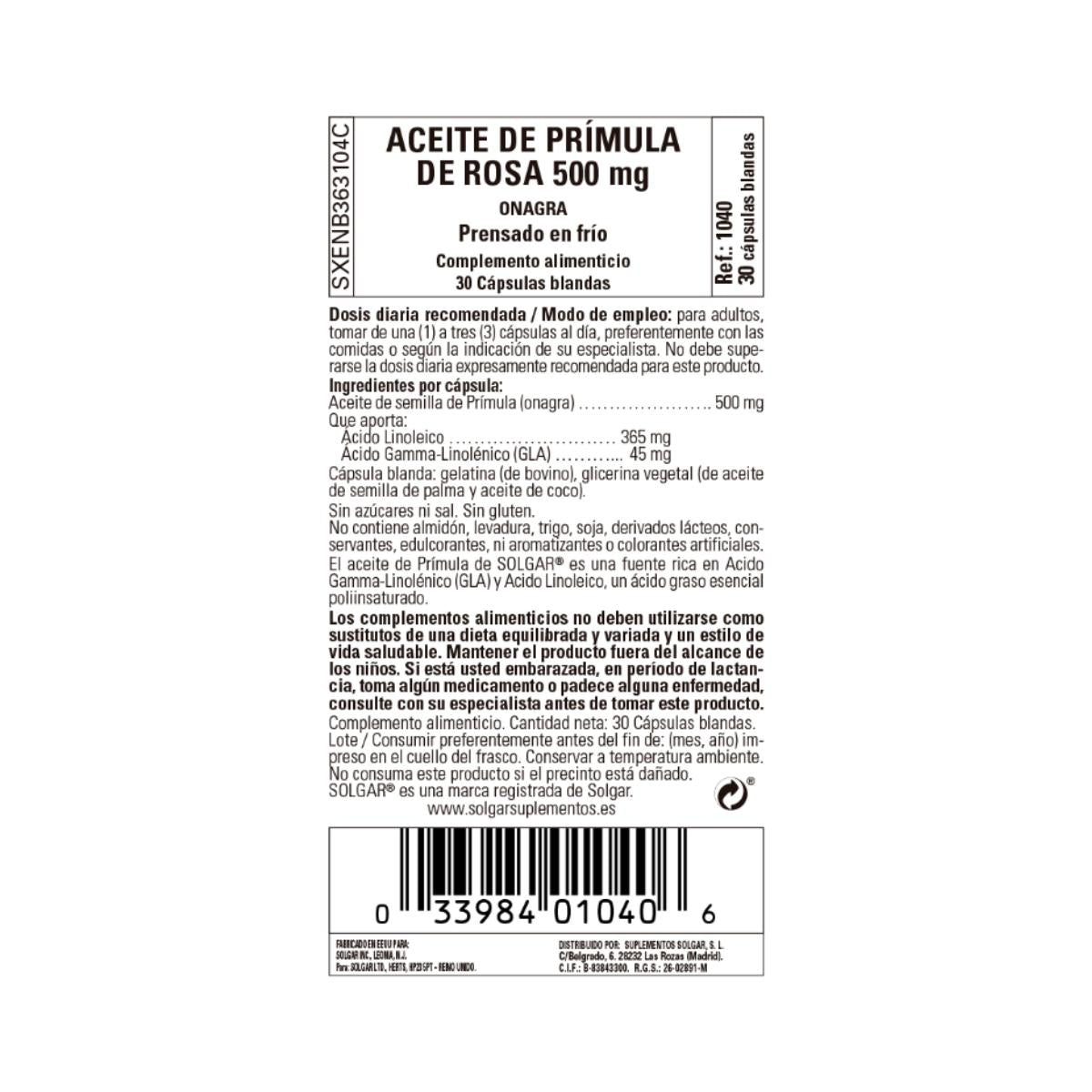 Aceite de Prímula de Rosa Solgar 30 perlas 500mg
