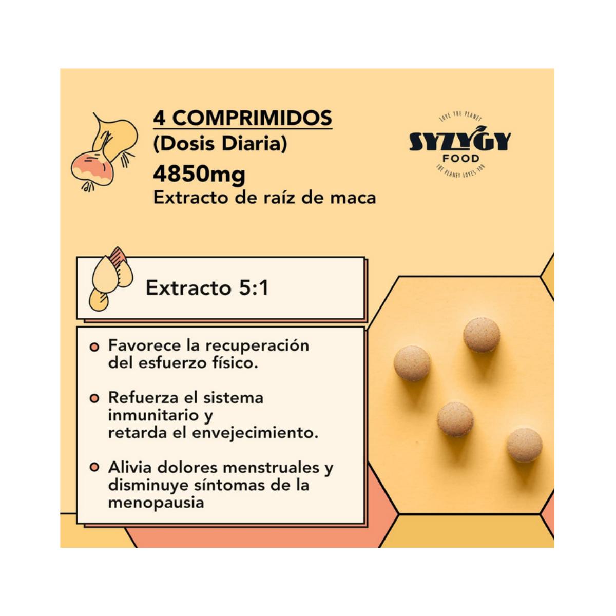 Extracto de Pura Maca Andina Ecológica, 250 comprimidos. SYZYGY FOOD