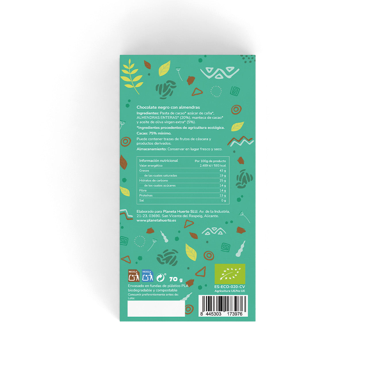 Tableta chocolate negro 75% con almendras ECO Planeta Huerto 70 gr