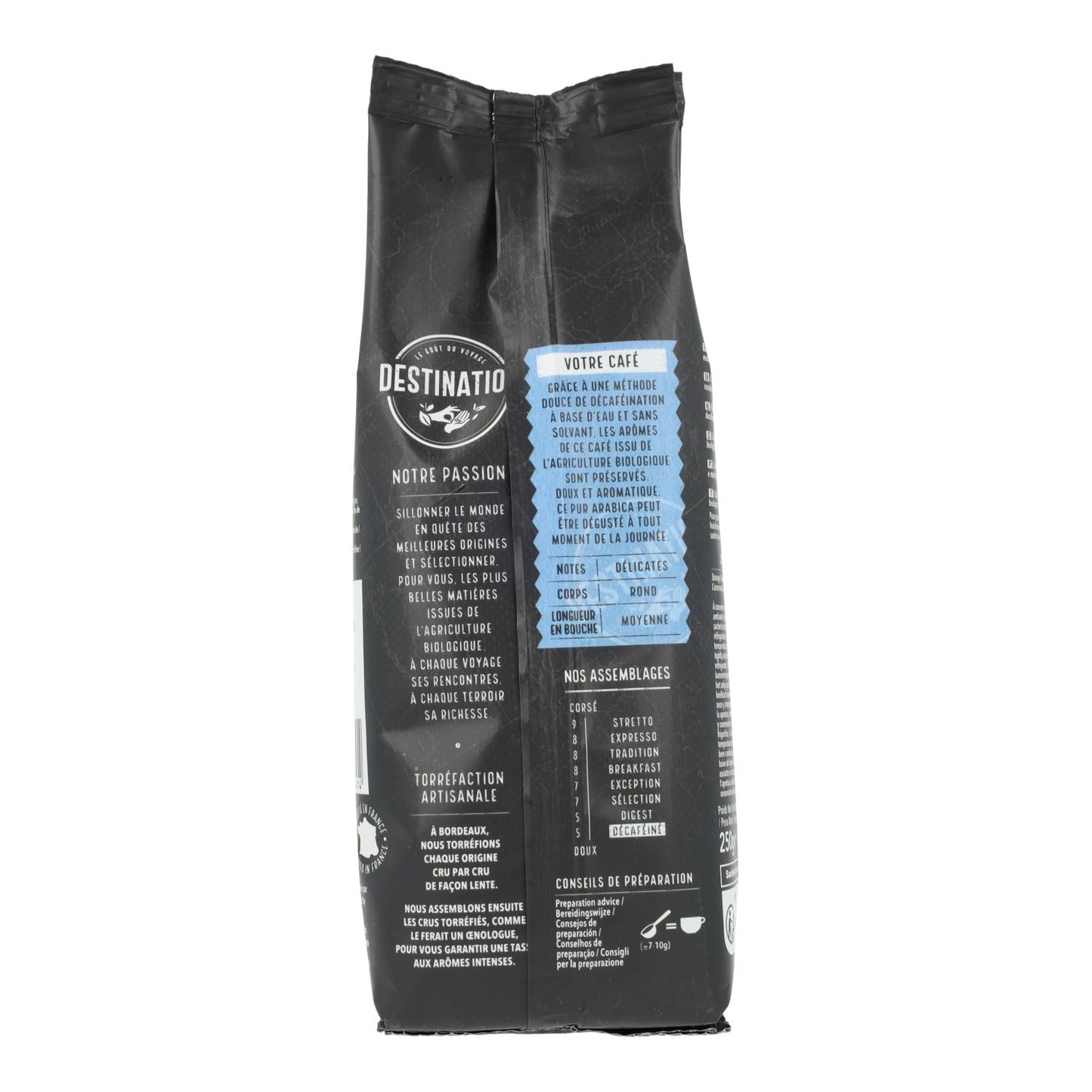 Café molido descafeinado suave 100% arábica BIO Destination 250 g