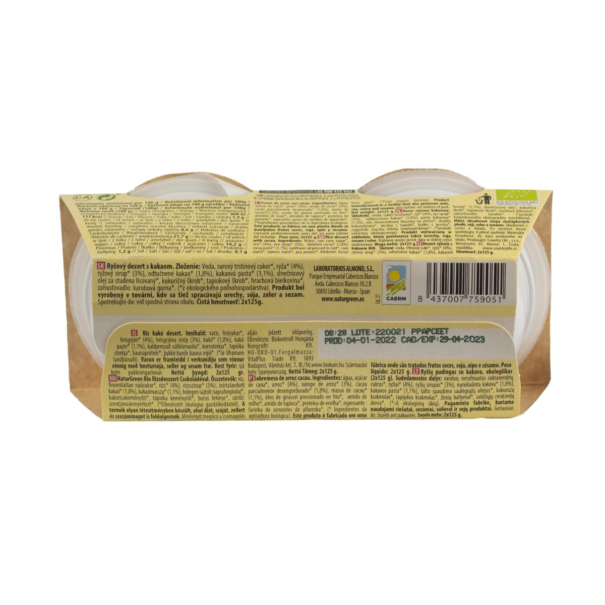Postre de Rice Cacao NaturGreen,  2 X 125 g