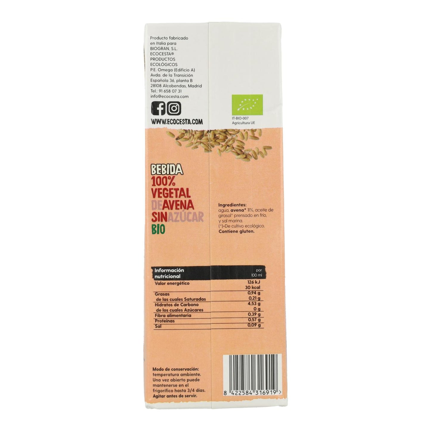 Bebida Vegetal de Avena 0% Azúcar Bio Ecocesta 1L