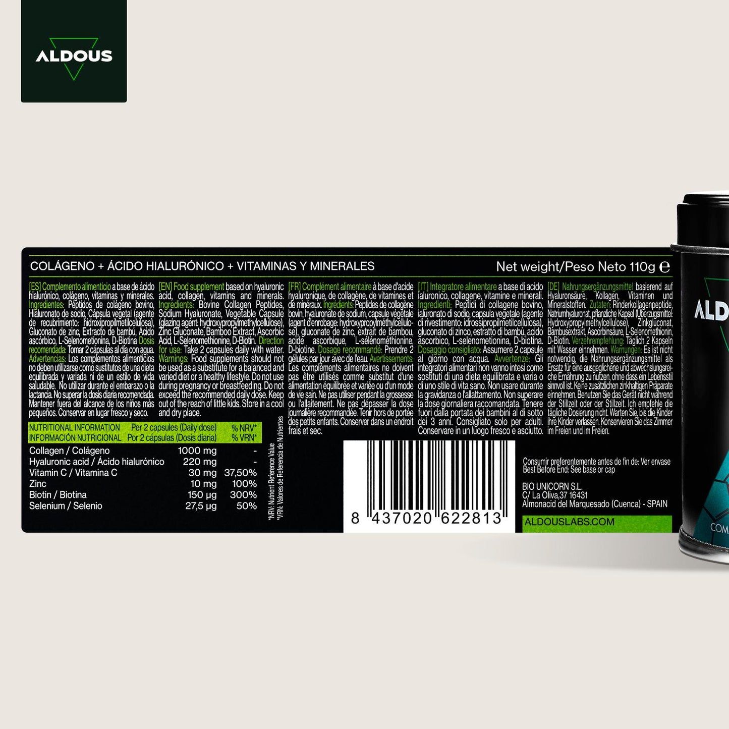 Ácido hialurónico + Colágeno, Vitamina C, Biotina, Zinc, Selenio Aldous BIO 120 cápsulas XL
