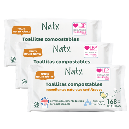 Pack 3 Paquetes de Toallitas compostables Naty 168 uds