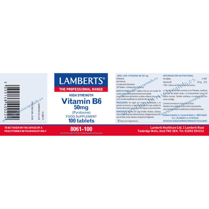 Vitamina B6 100 tabletas de 50mg, Lamberts