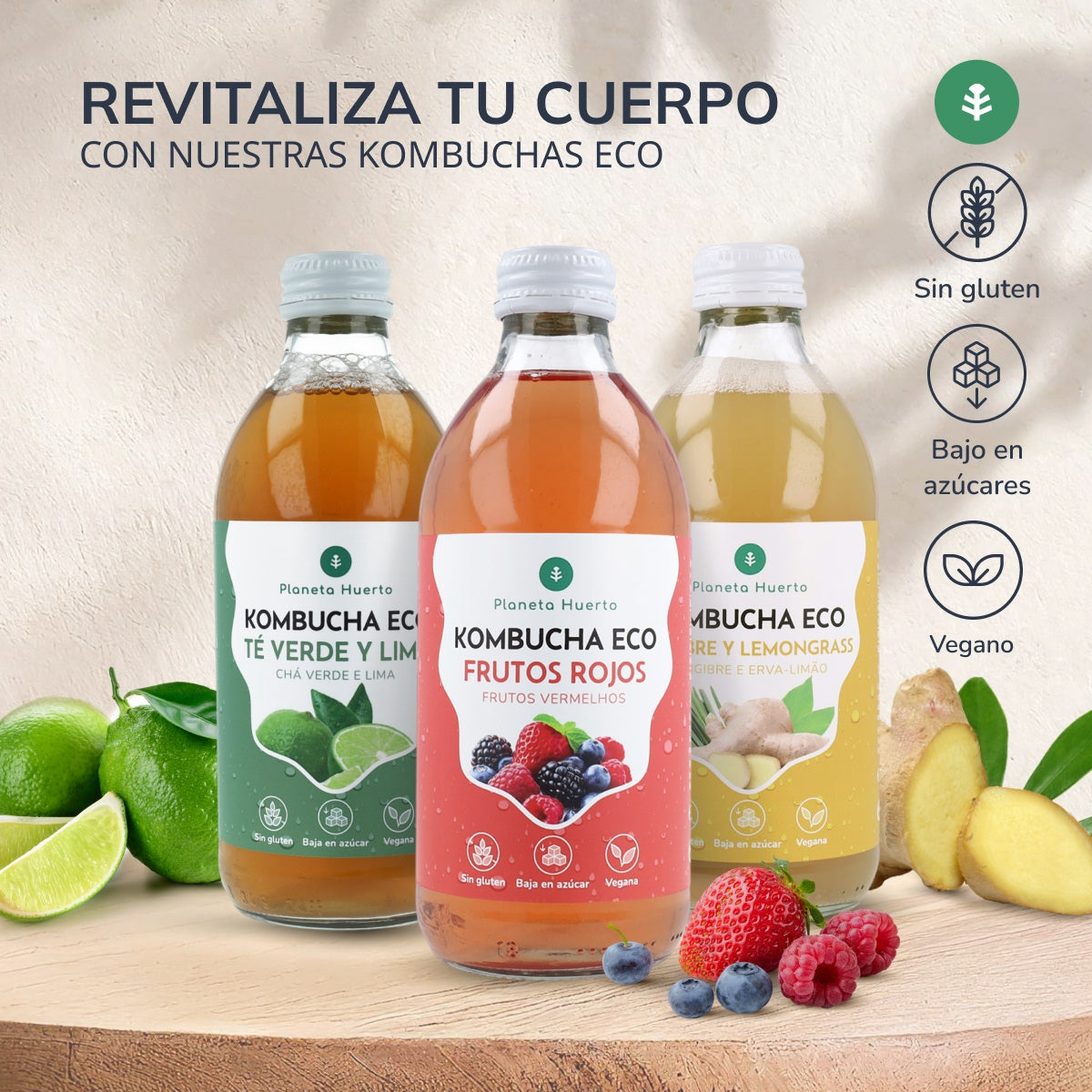 Kombucha ECO té verde y lima Planeta Huerto 330 ml