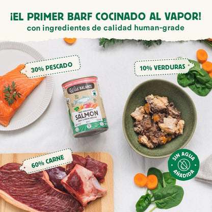 Pack 6x Salmón y Ternera barf para perros 400 g + Regalo: Tapa reutilizable para latas, Wild Balance