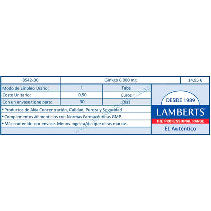 Ginkgo Biloba 6.000 mg, Lamberts 60 tabletas