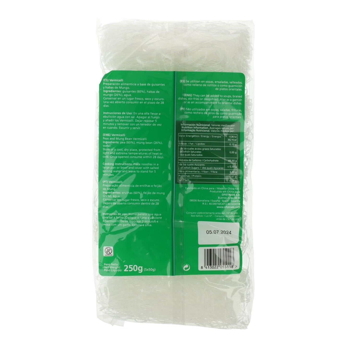 Fideo chino de guisantes y habas Vermicelli Yang-Tse 250 g