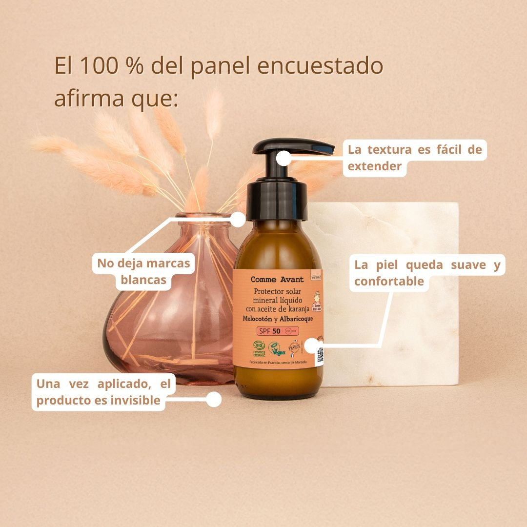 Protector solar mineral líquido SPF50 con aceite de karanja Monoi y Almizcle Comme Avant 105 ml