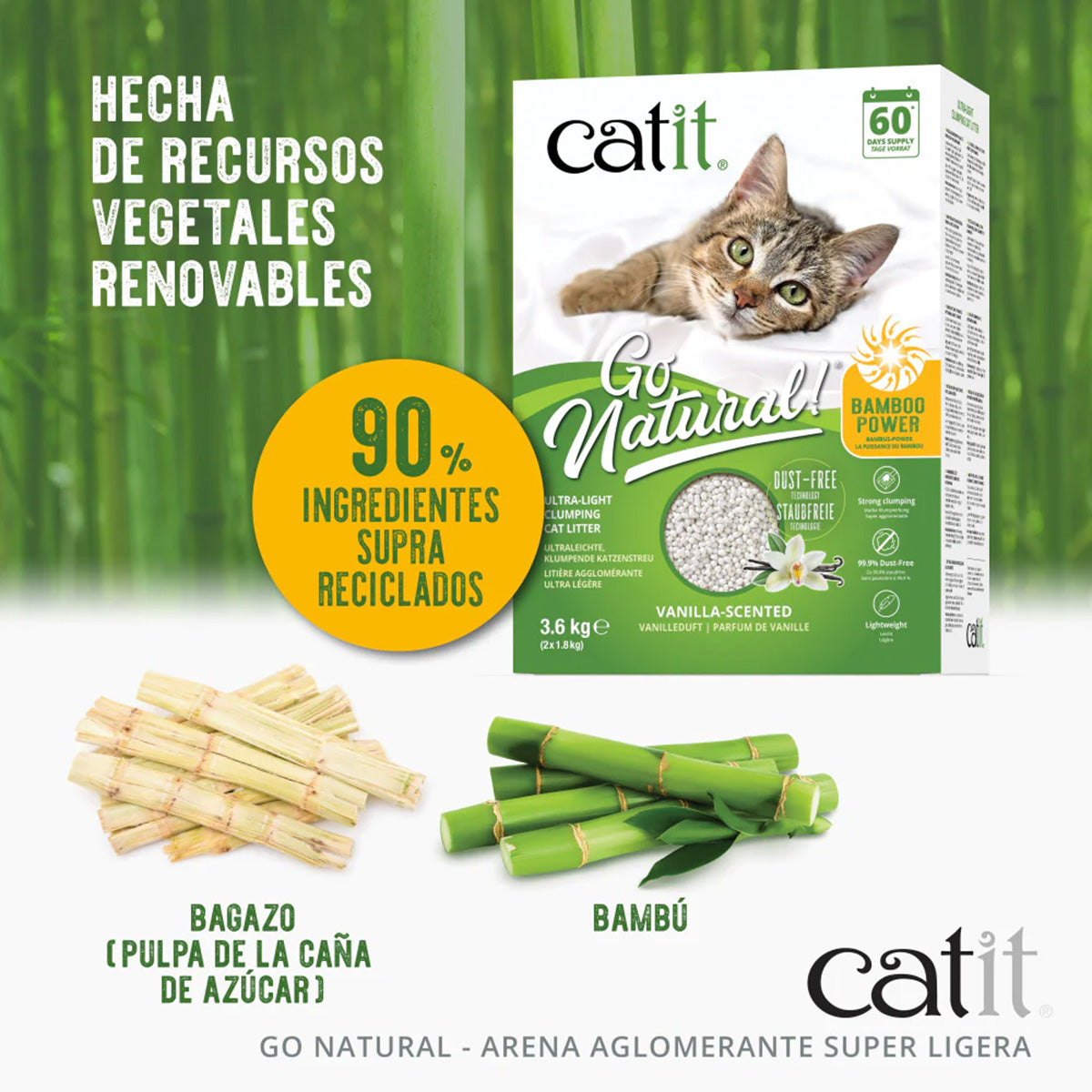 Arena aglomerante ecológica ultraligera de gambú aroma vainilla Go Natural! 3,6 kg Catit