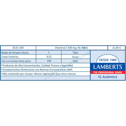Gentle Vitamina C 500mg, Lamberts, 100 tabletas