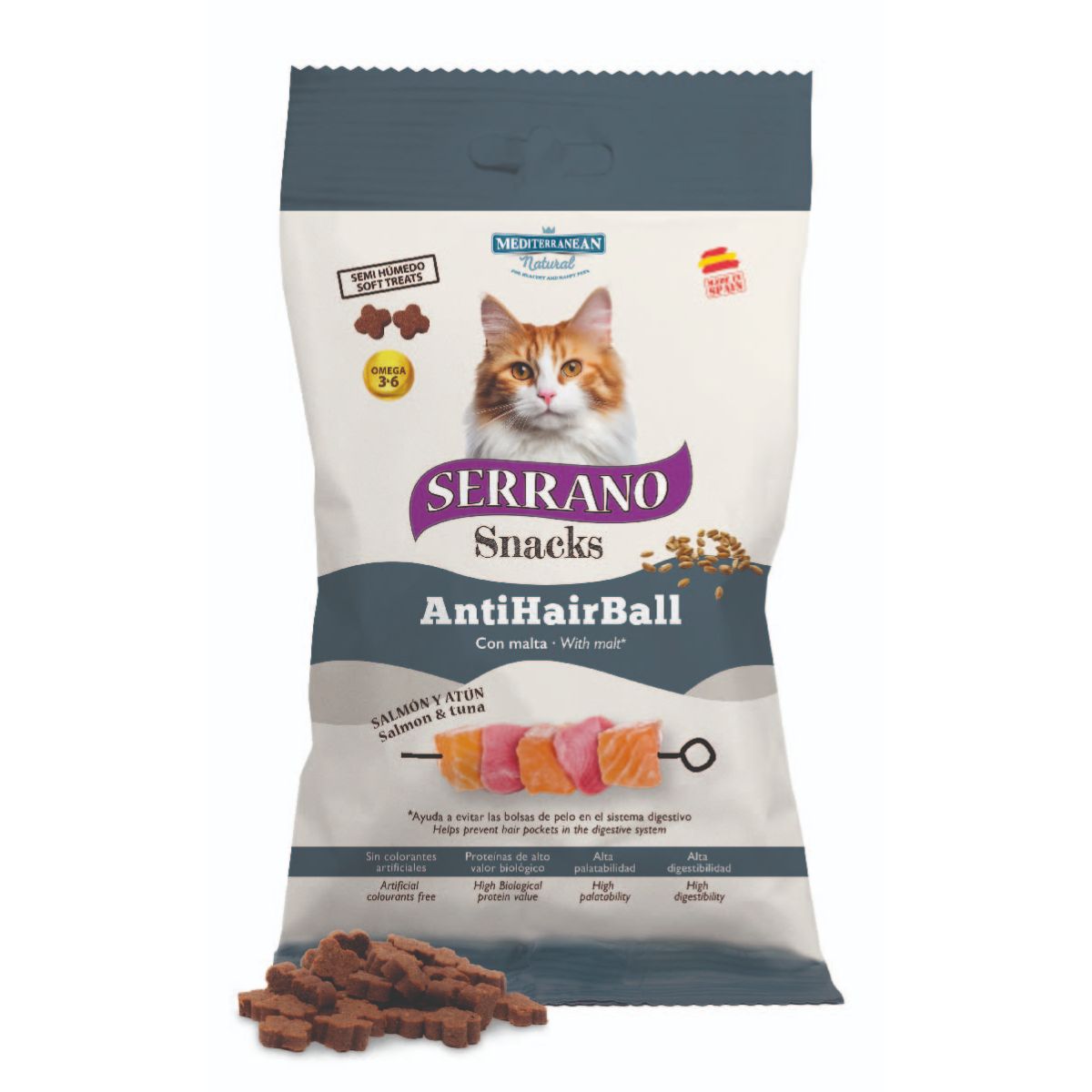 Serrano Snacks antihairball de salmón y atún para gatos 50 g Mediterranean