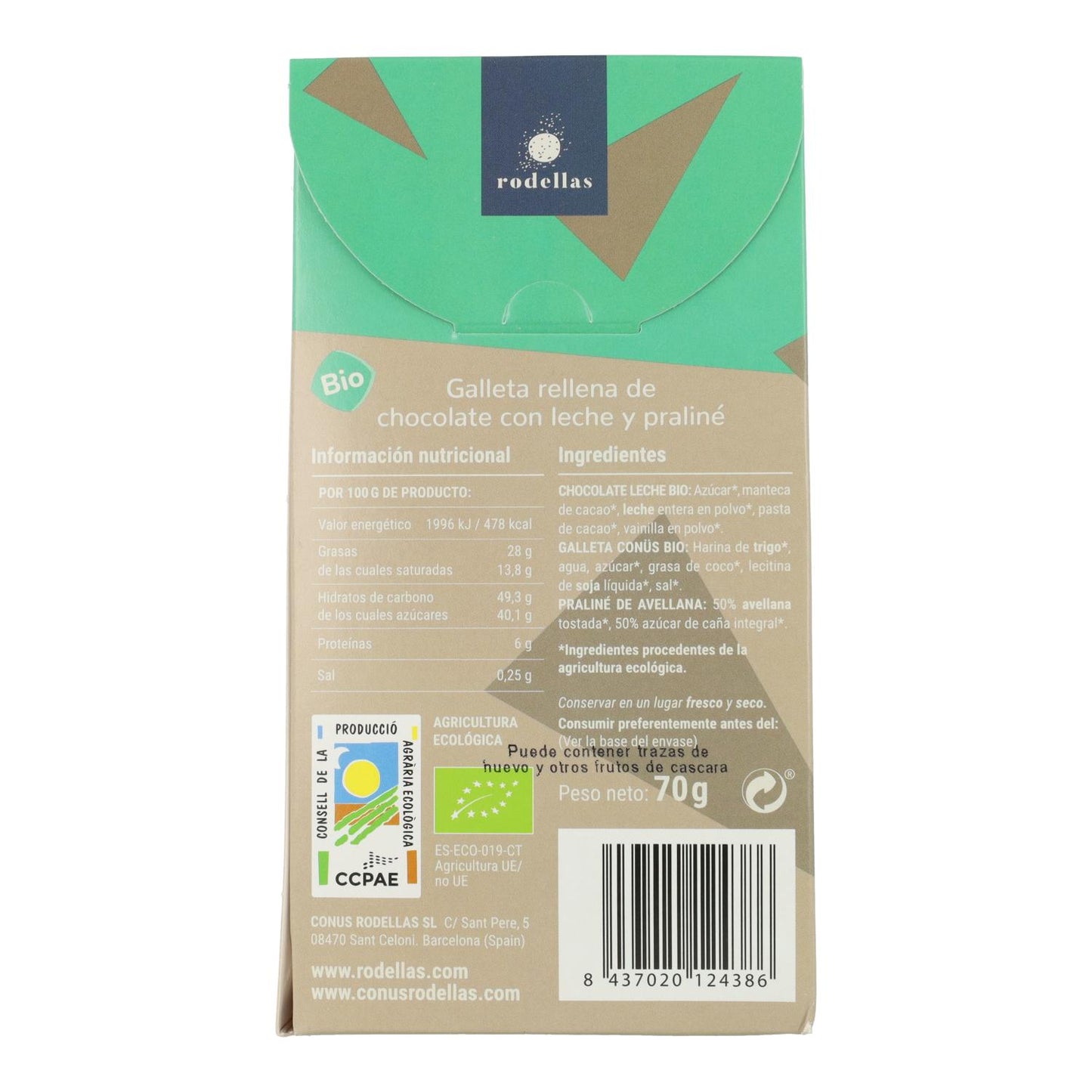 Conos de Chocolate con leche y Praliné BIO Rodellas Conu 70 g